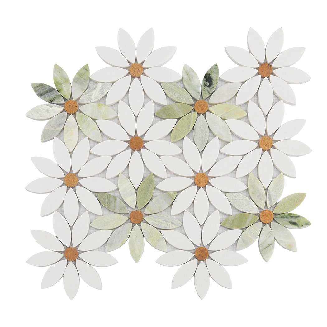 Top down view of white and green marble mosaic tiles in a repeating daisy flower pattern.