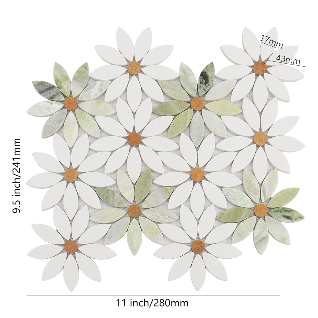 Technical drawing of a daisy mosaic tile showing dimensions of 11 by 9.5 inches.