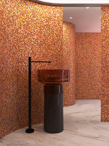 dark beige mosaic bathroom wall tiles – Dark beige tiles form a vibrant curved mosaic wall