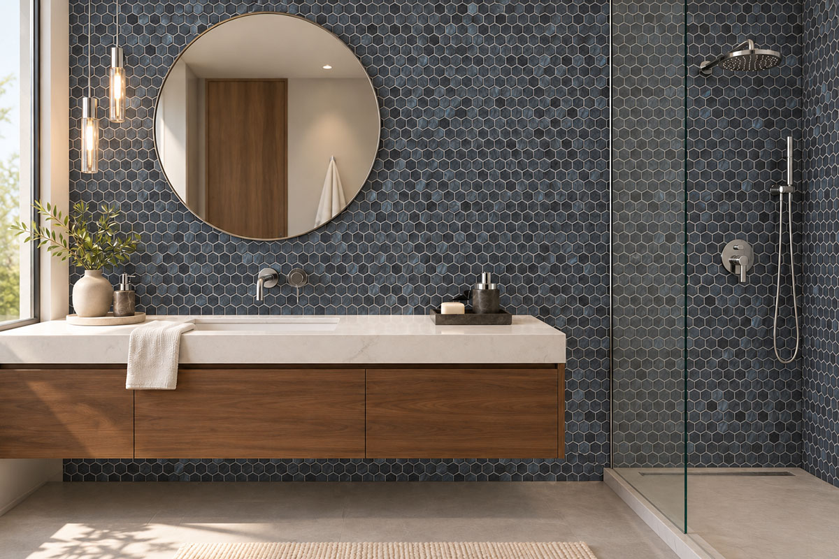 Dark blue hexagon mosaic tiles on bathroom vanity and walk-in shower walls
