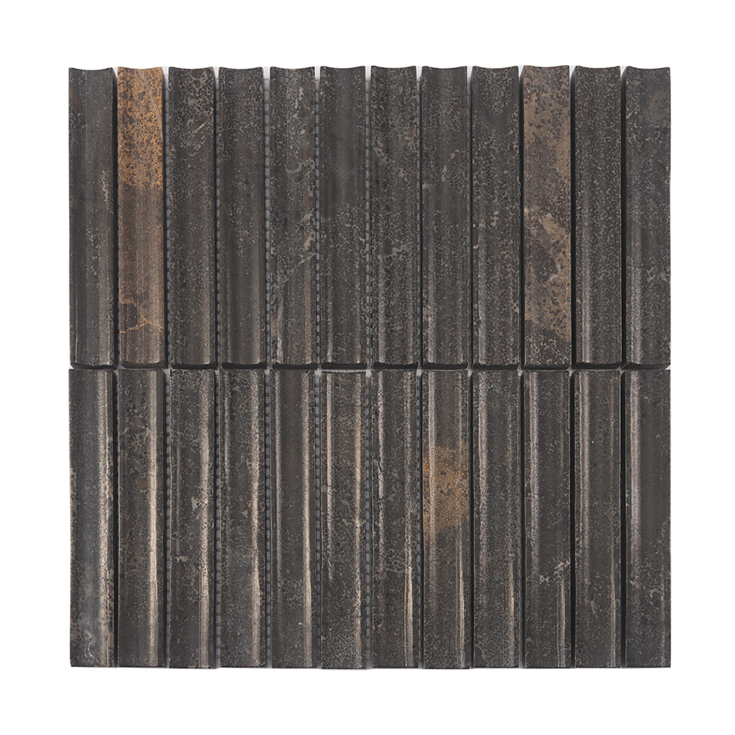 Full sheet of dark brown fluted marble mosaic tile with natural speckled texture