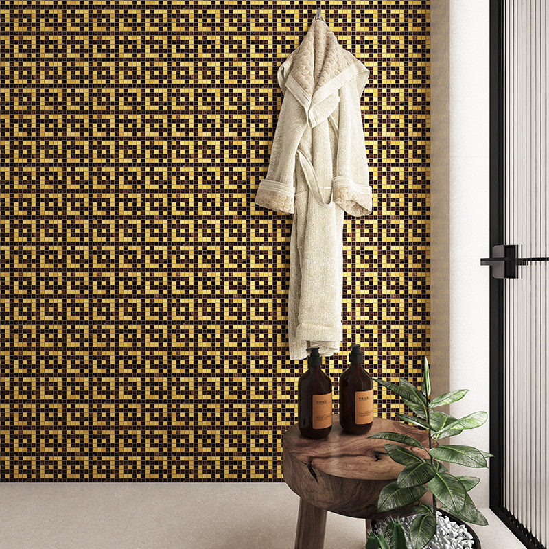 Brown and gold glass mosaic tile with geometric grid design used in bathroom
