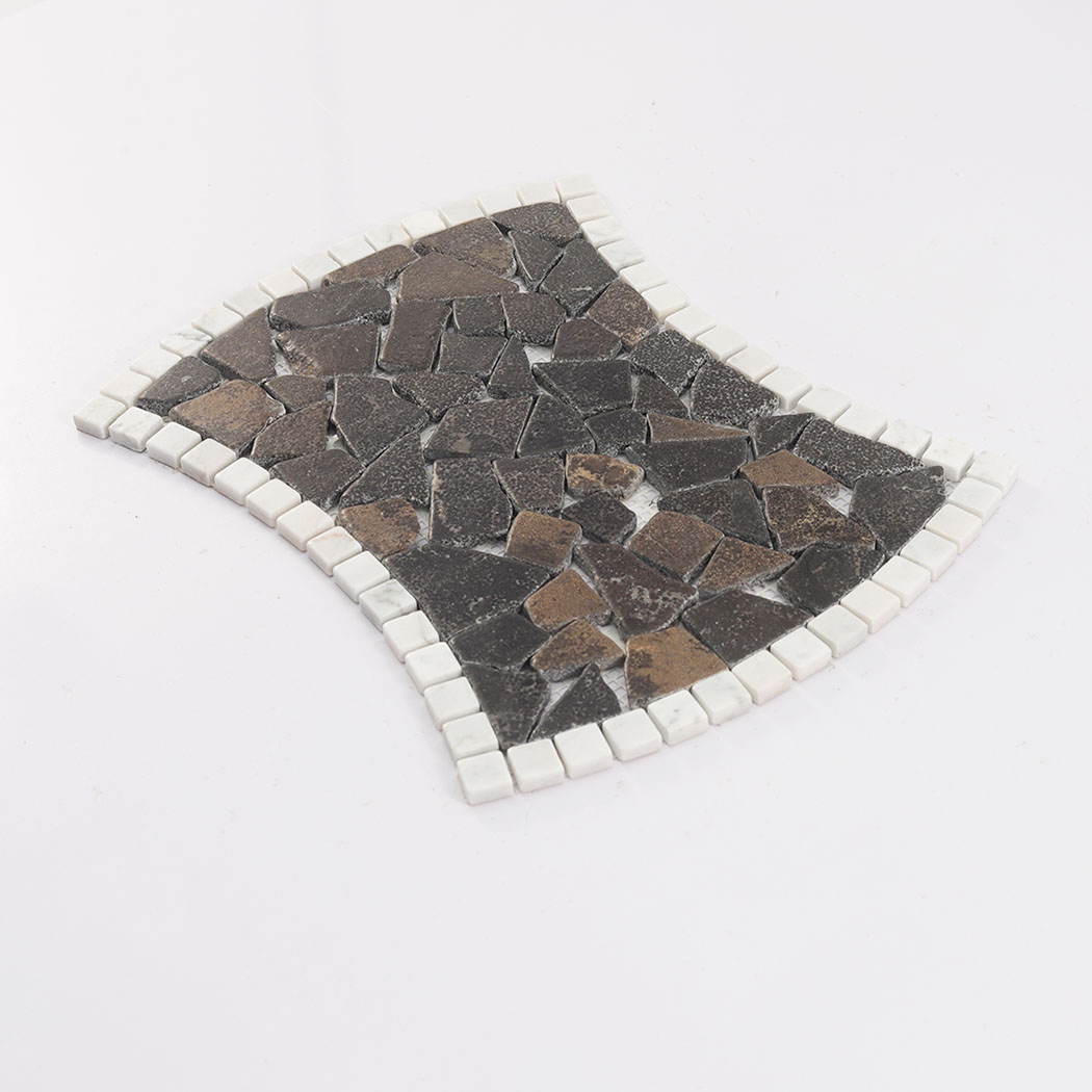 Angled view of dark brown irregular marble mosaic tile with curved white border