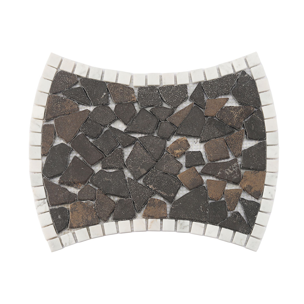 Full sheet of dark brown irregular marble mosaic tile with white border pieces