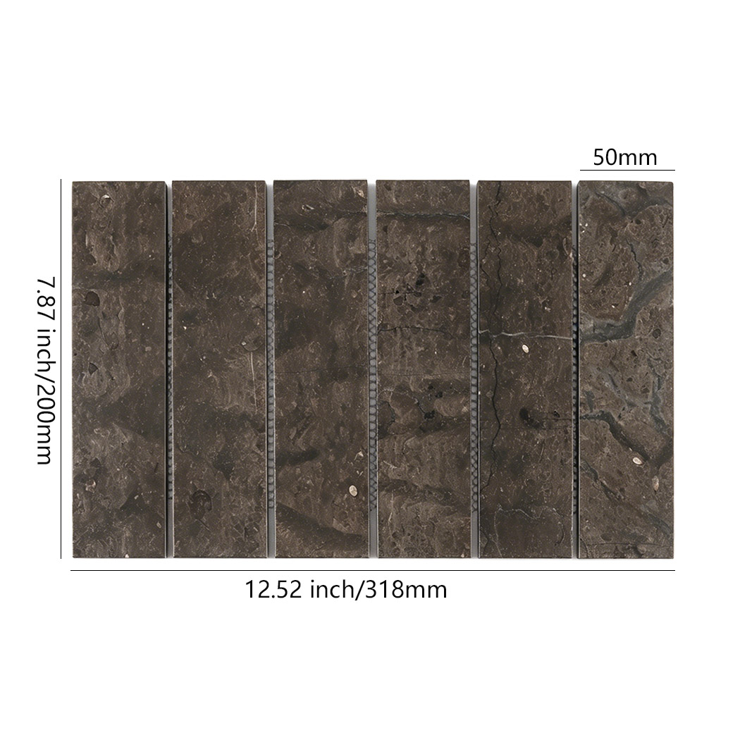 Dimensions of dark brown marble rectangular stack mosaic tile sheet.