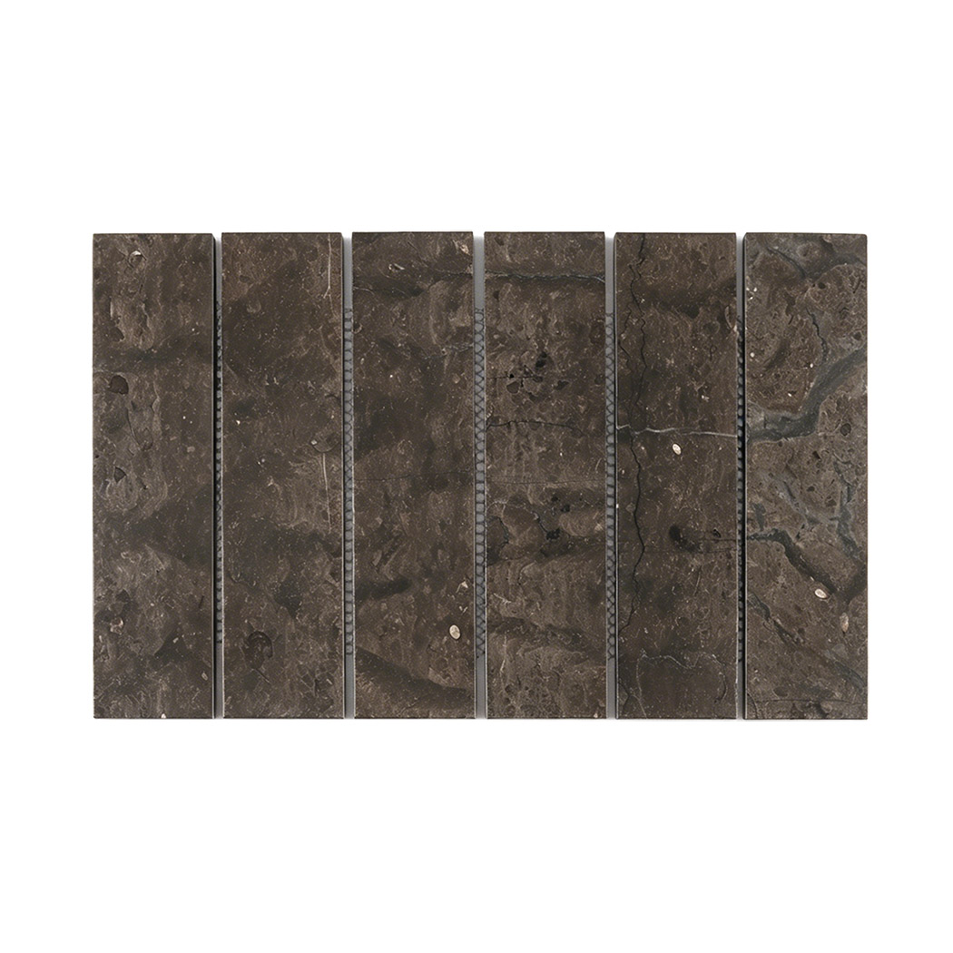 Front view of a dark brown marble linear stack mosaic tile sheet.