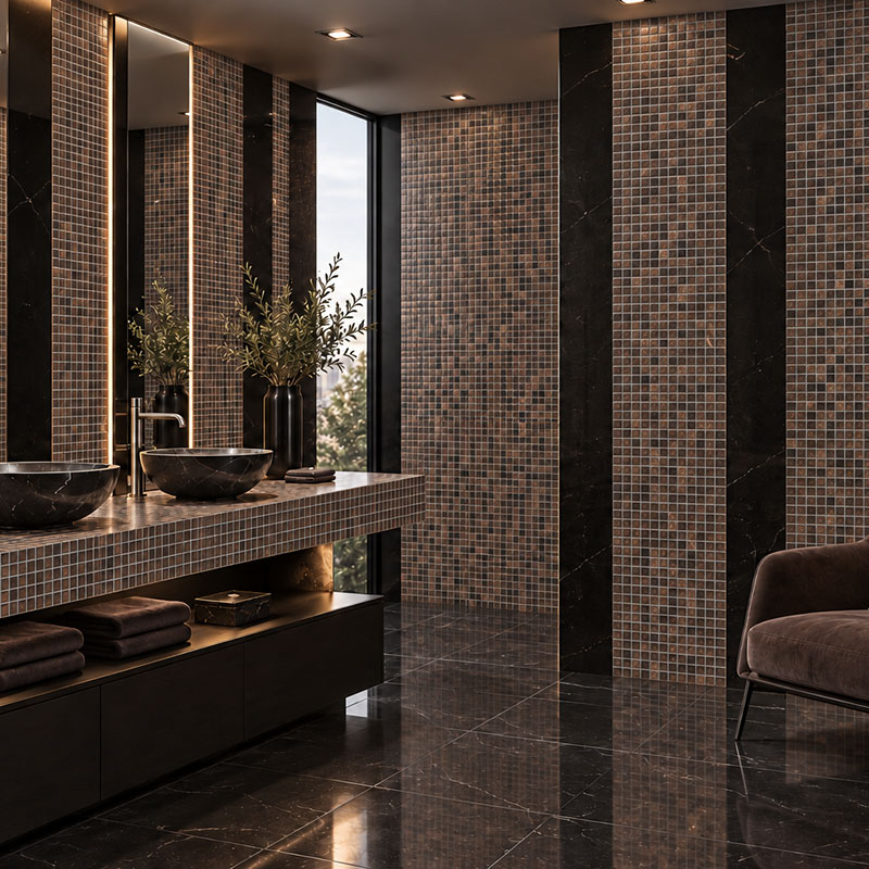 Dark brown mosaic tiles in a modern bathroom with black marble walls