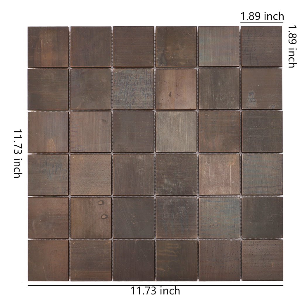 Dark brown vintage copper square mosaic tile with size measurements shown.