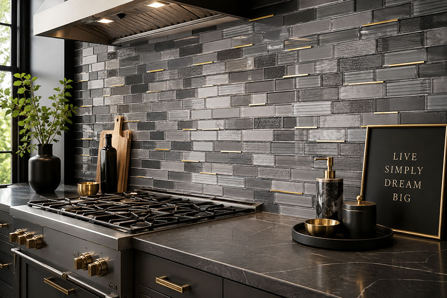 Dark gray glass subway tile backsplash with gold accents in a modern kitchen