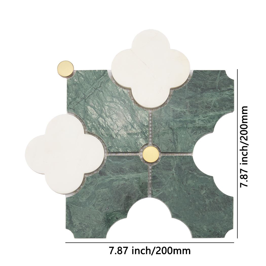 Dark green arabesque marble mosaic tile with gold round accents and size guide
