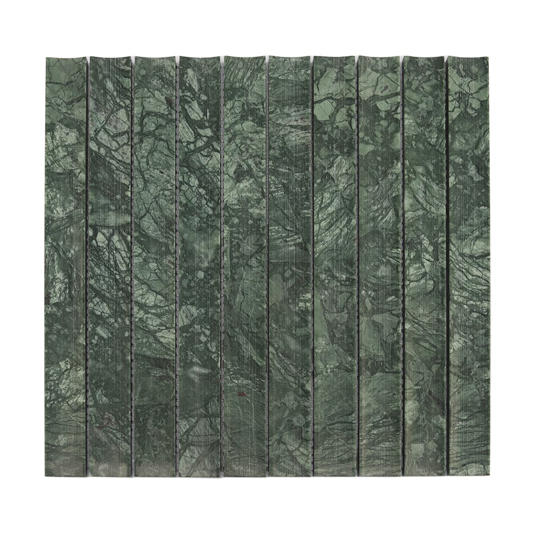 Full sheet front view of a dark green fluted marble mosaic tile.