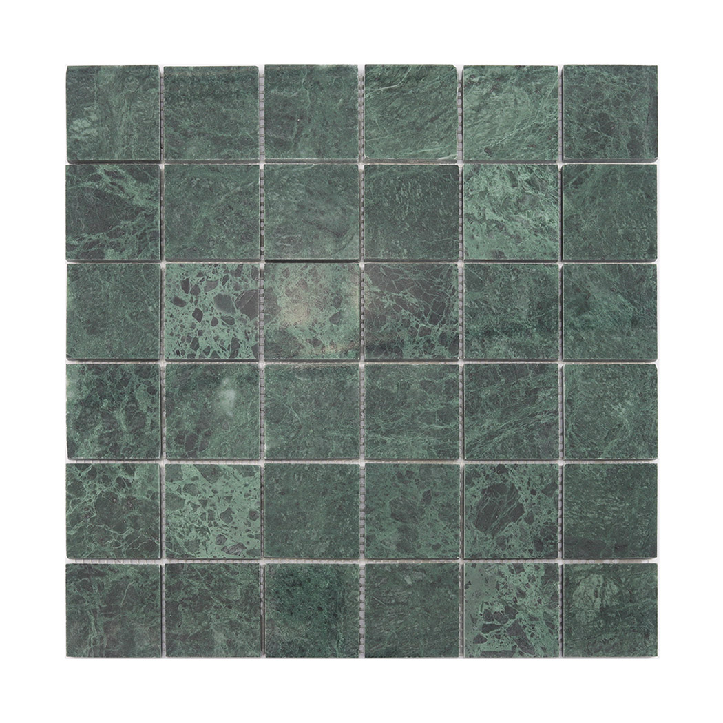 Full sheet of dark green large square marble mosaic tile with natural veining