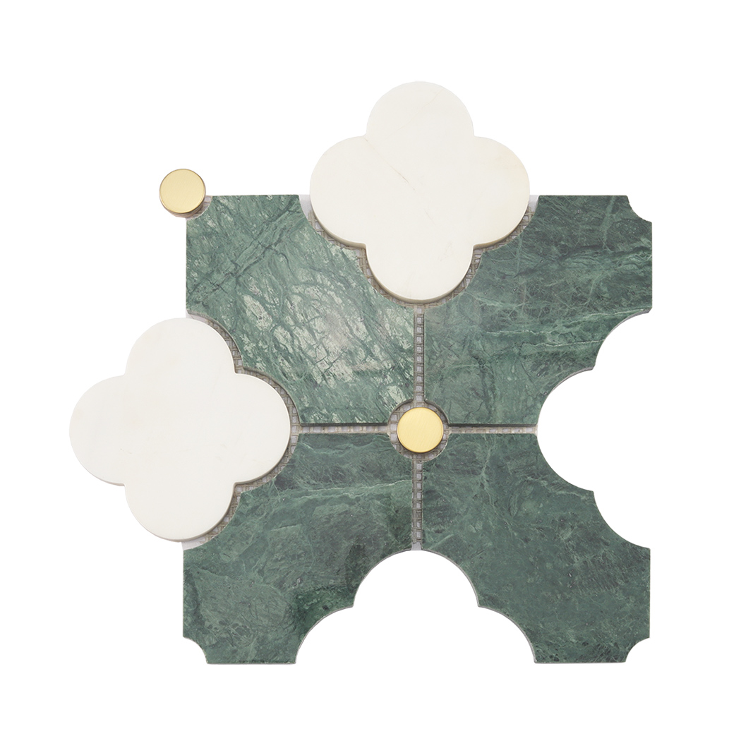 Full sheet view of dark green marble arabesque mosaic tile with gold accents