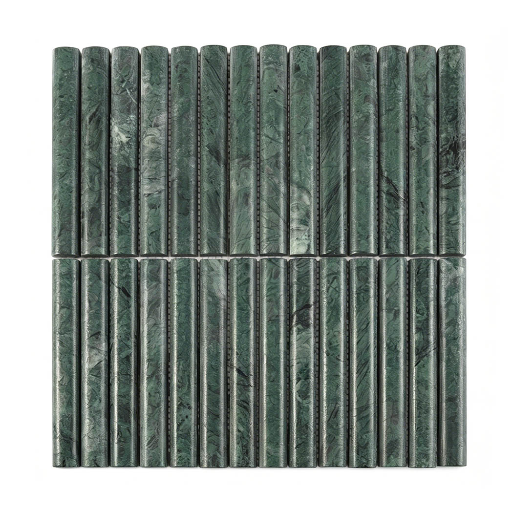 Front view of dark green marble curved bar mosaic tile with vertical linear layout