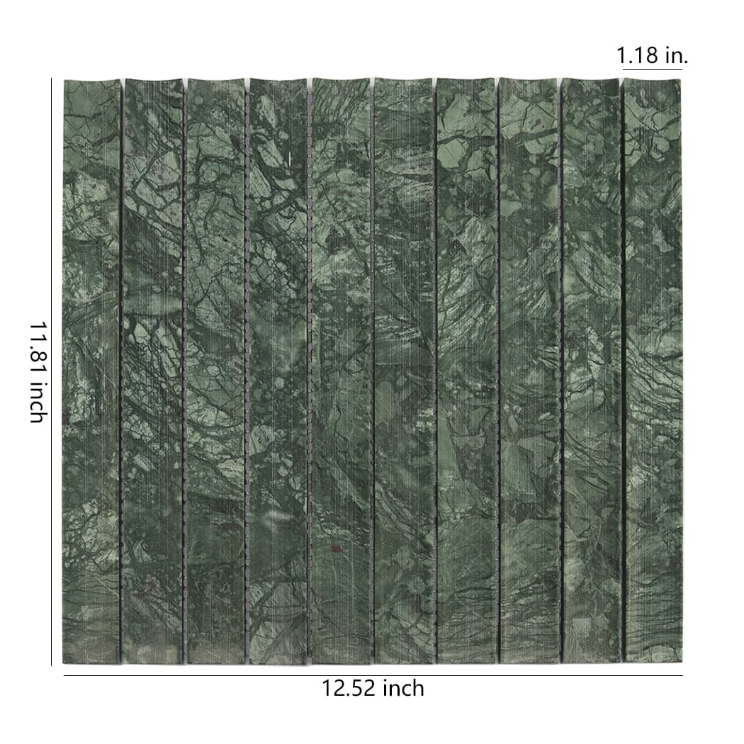 Front view of dark green fluted marble mosaic tile with dimension annotations.