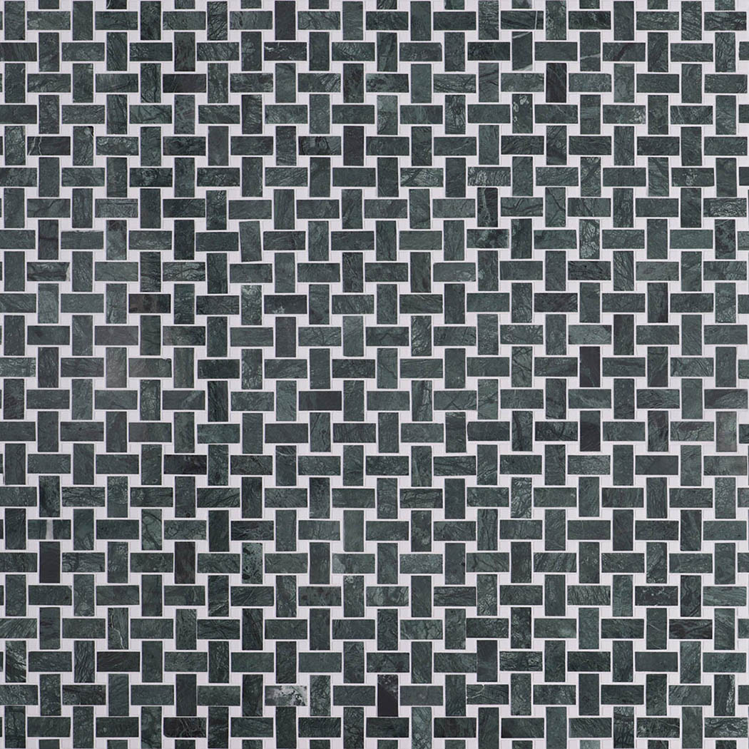 Full sheet view of dark green marble interlocking mosaic tiles in a basketweave pattern.