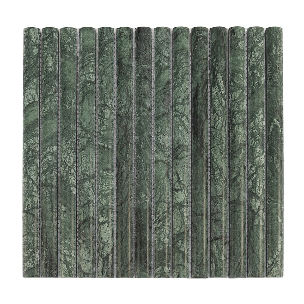 Top-down view of a full sheet of dark green marble kit kat mosaic tile showing natural veins.