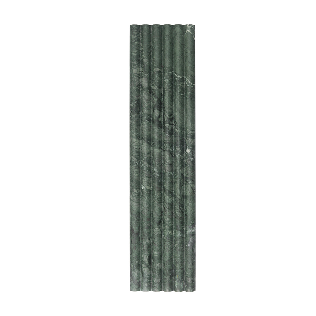 Front view of dark green marble round fluted tile with natural veining