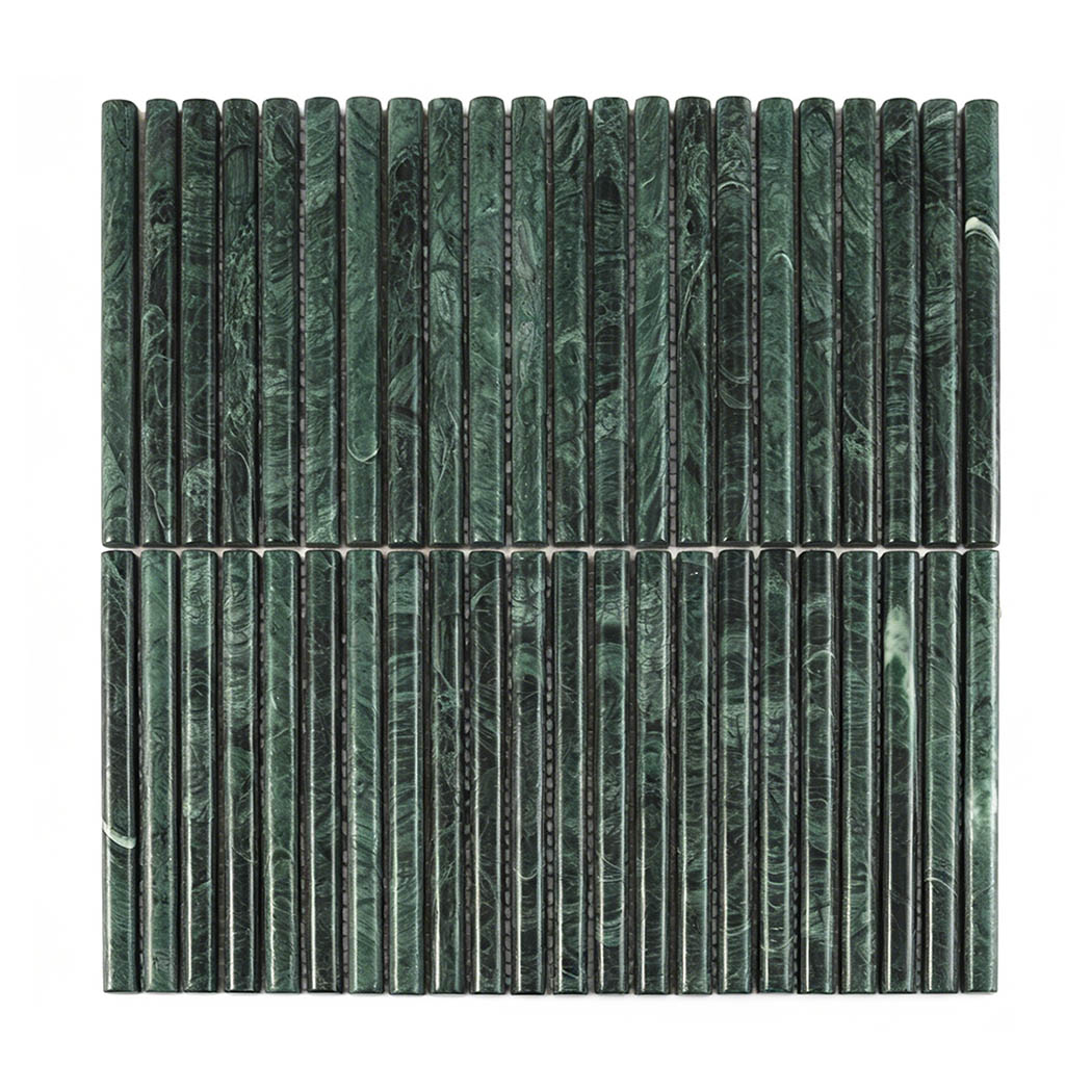Full sheet of dark green marble rounded strip mosaic tile with polished long strips