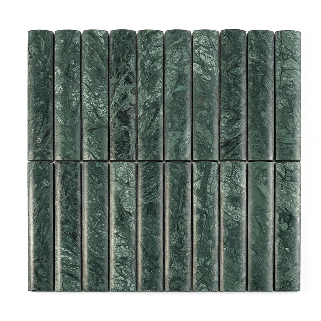 Front view of dark green marble vertical rounded bar tile with rich natural veining