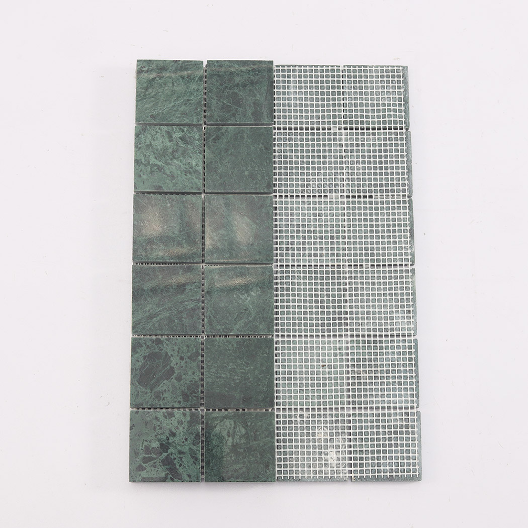Back view of dark green square marble mosaic tile showing mesh mounted backing