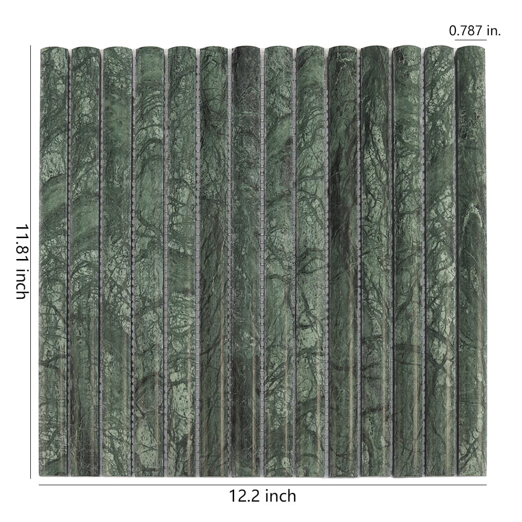 Front view of dark green marble pencil mosaic with 12.2 by 11.81 inch dimension markings.