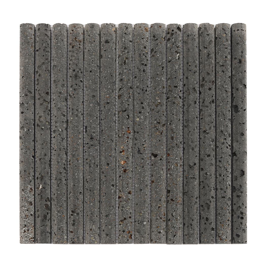 A full sheet of dark grey basalt fluted pencil mosaic tile on a white background.