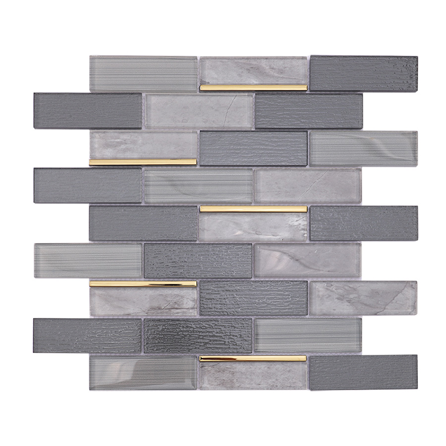 Front view of dark grey bricks subway glass wall tile with gold accent lines