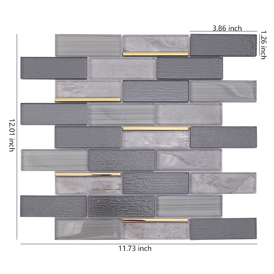 Dark grey bricks subway glass wall tile with size measurements in inches