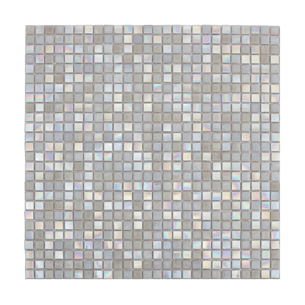 Iridescent dark grey glass square mosaic tile full sheet view