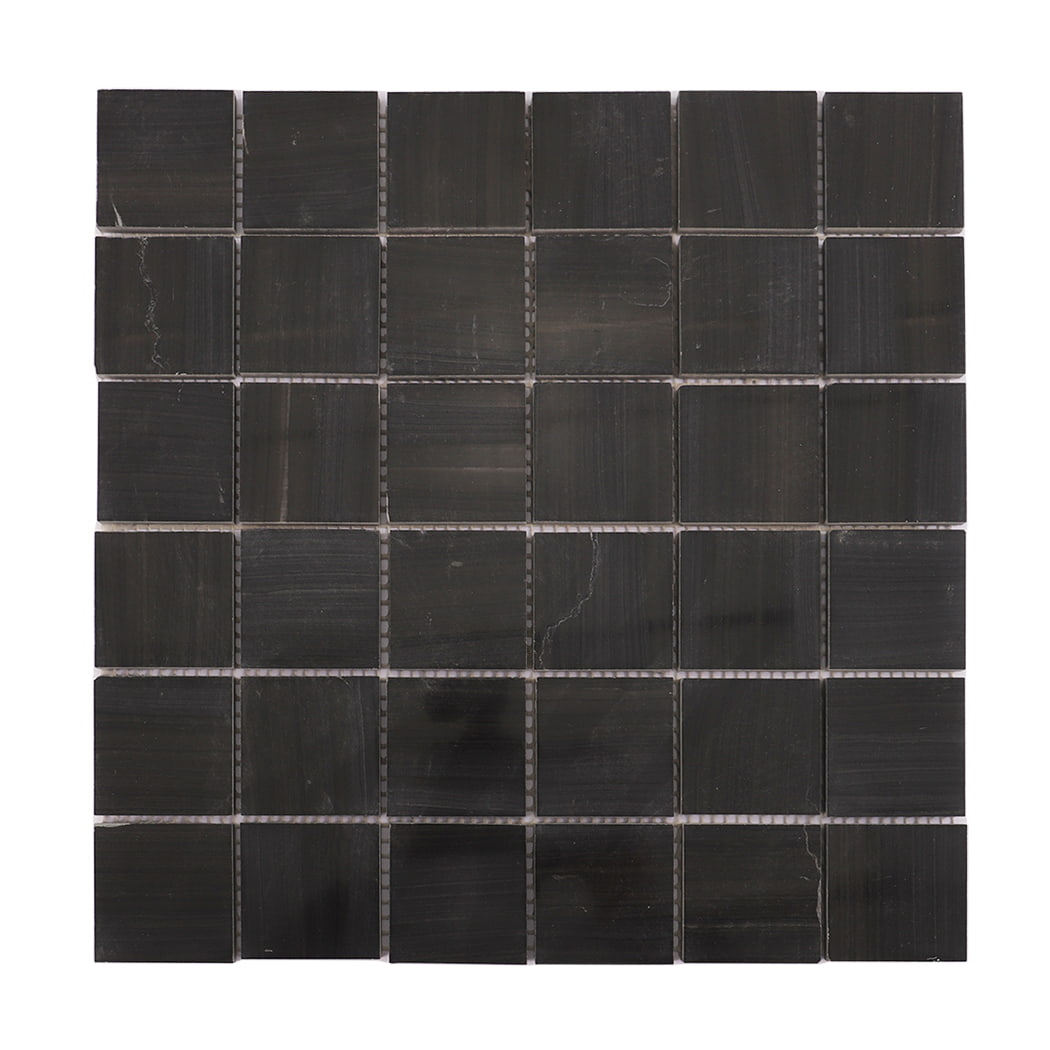 Front view of dark grey marble square mosaic tile sheet.