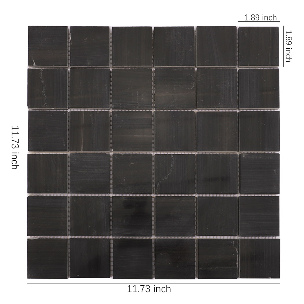 Dark grey marble square mosaic tile with size measurements in inches.