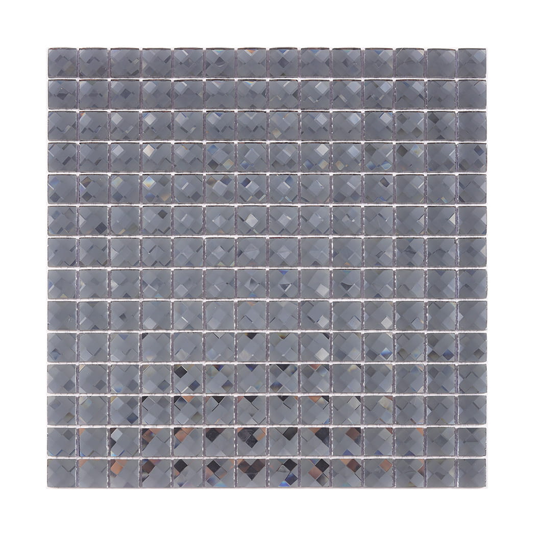 Full sheet of dark grey square faceted glass mosaic tile on a white background.