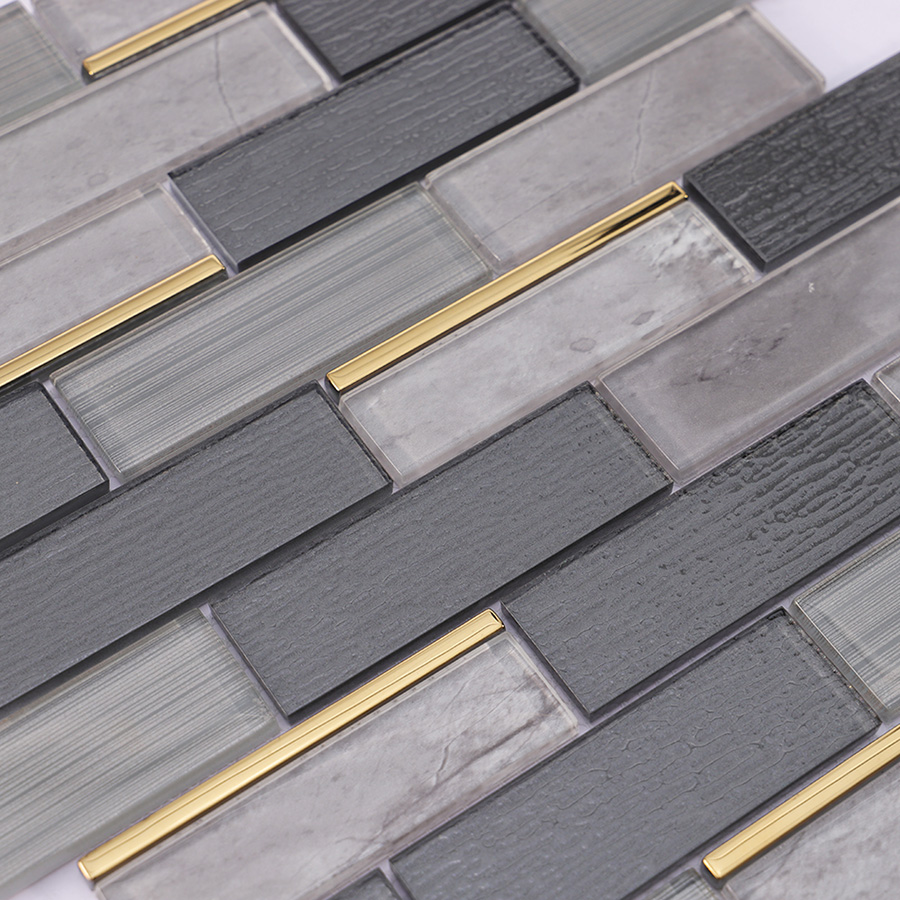 Surface detail of dark grey subway glass wall tile with glossy and matte texture