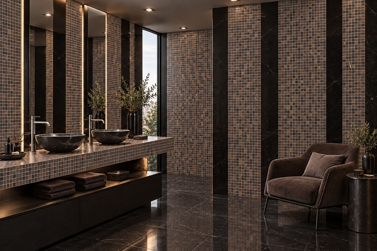 Dark mosaic tiles on luxury bathroom walls with a black marble vanity and floor
