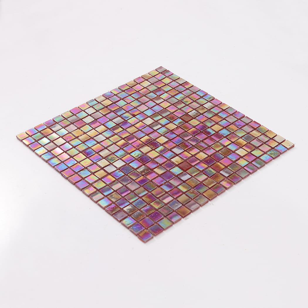 Angled view of a full dark red iridescent square glass mosaic tile sheet