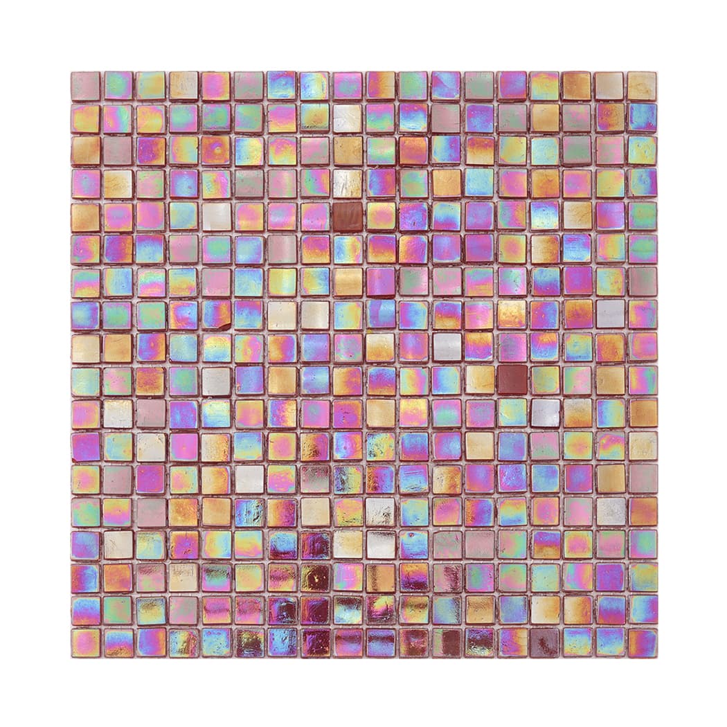 Full sheet of dark red iridescent square glass mosaic tile on a light background