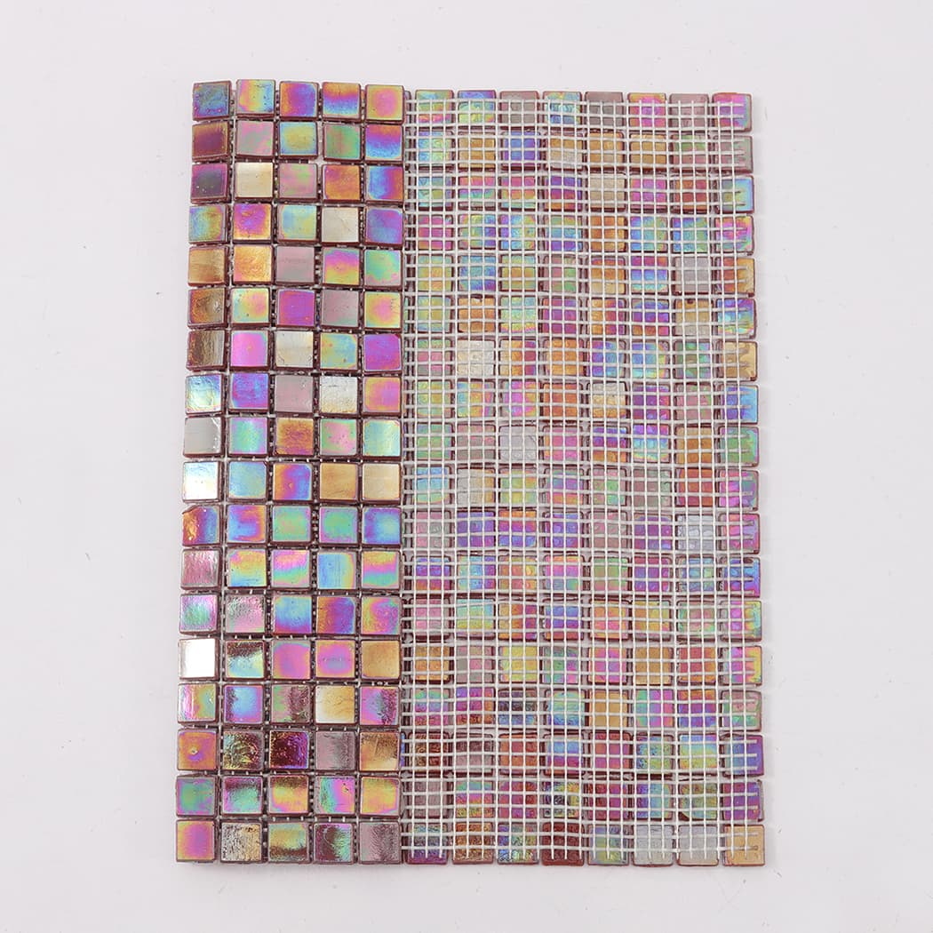 Dark red iridescent square glass mosaic tile sheet showing front and mesh backing
