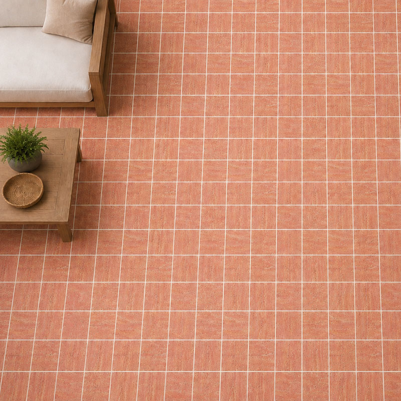  Dark travertine floor tiles in warm red tones with contrasting white grout