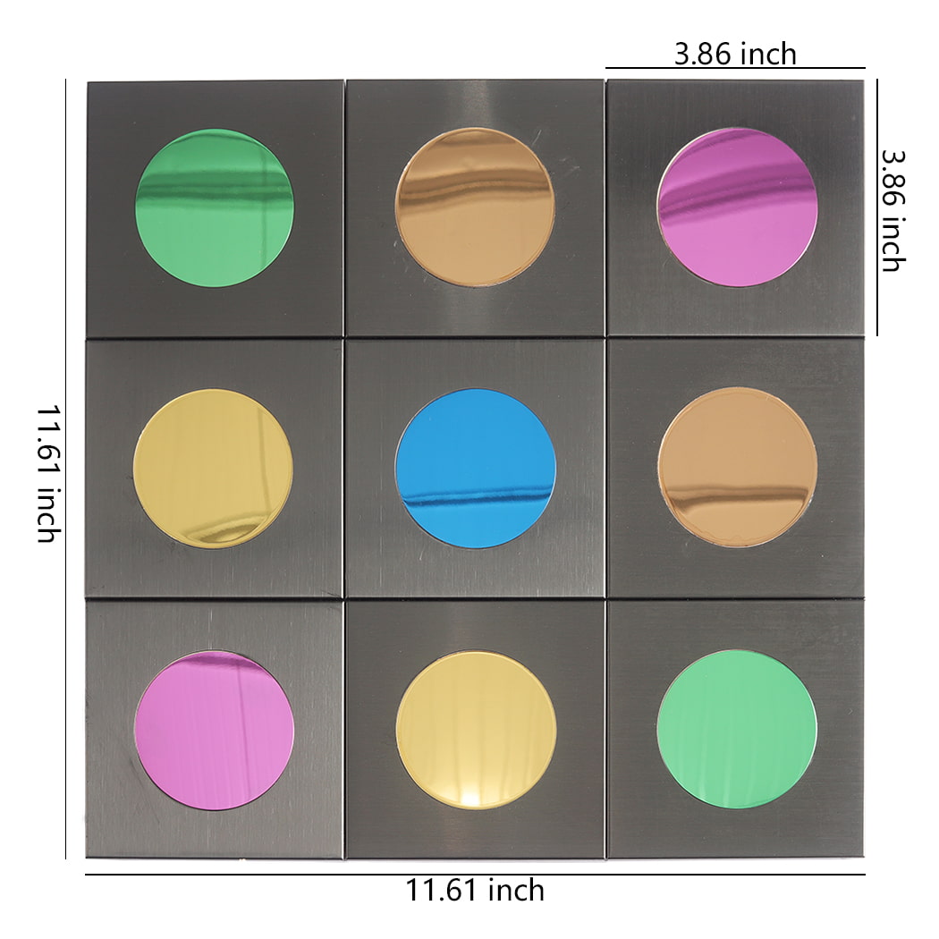 3x3 grid of colorful metal tiles showing total width and individual tile dimensions
