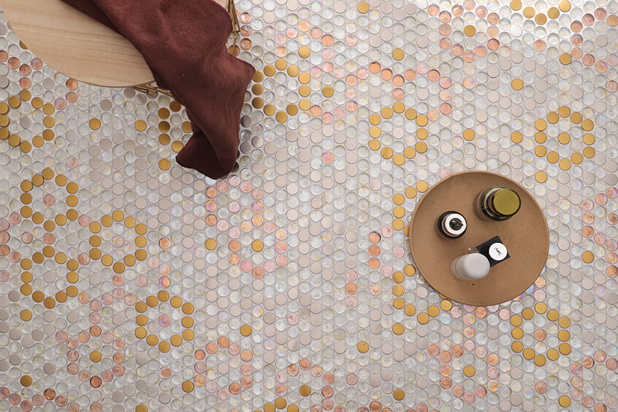 Decorative penny round tile pattern on bathroom floor