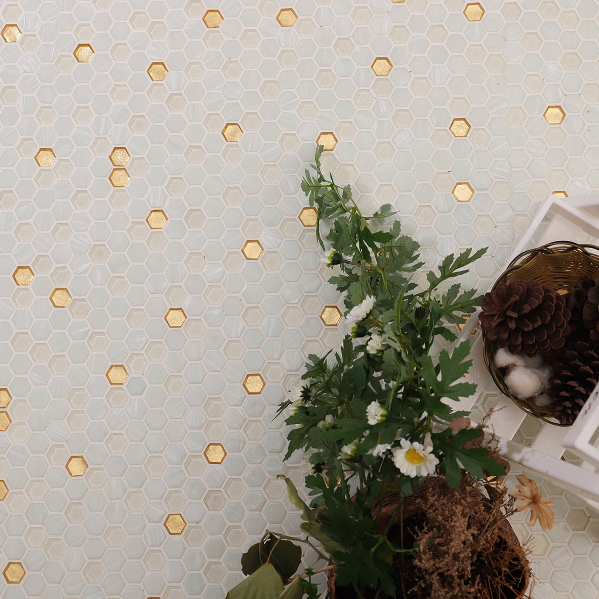 White and gold hex tile flooring with flower basket and shelf