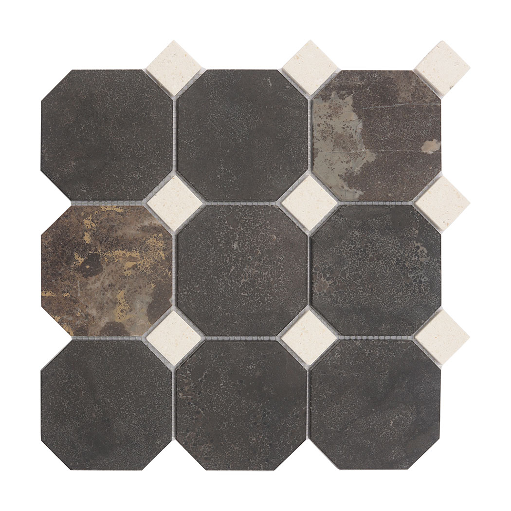 Full sheet of deep brown octagon mosaic tile with white dot inserts