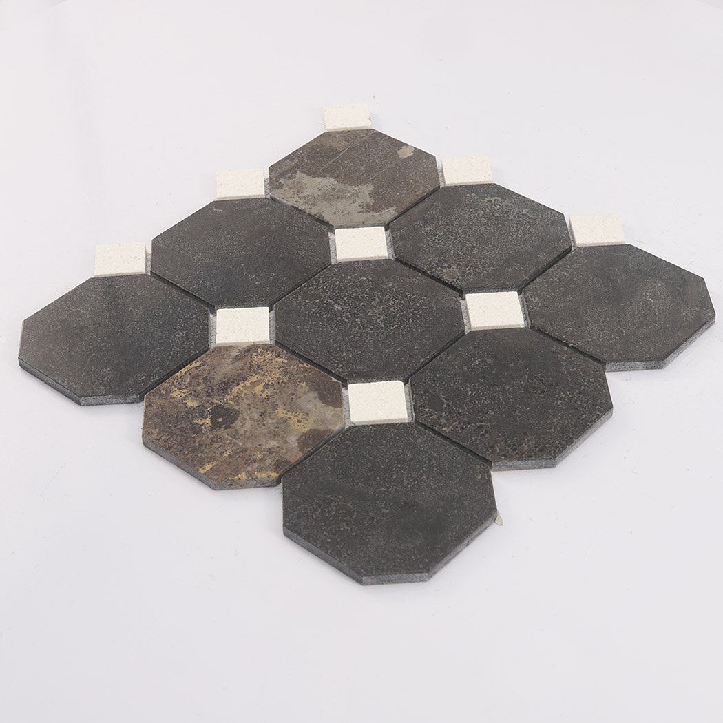 Angled view of deep brown octagon floor mosaic tile with white square dots