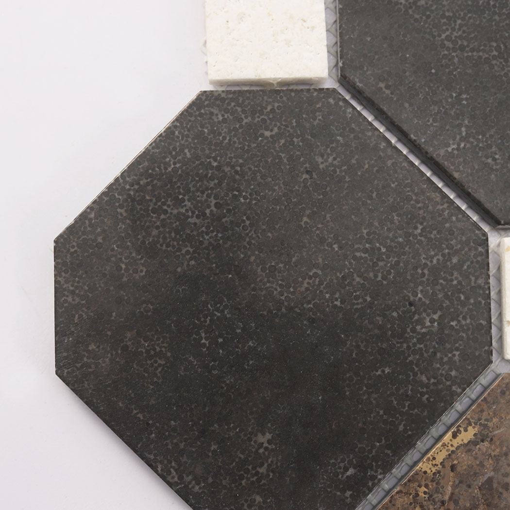 Close-up of deep brown octagon mosaic tile with natural speckled texture