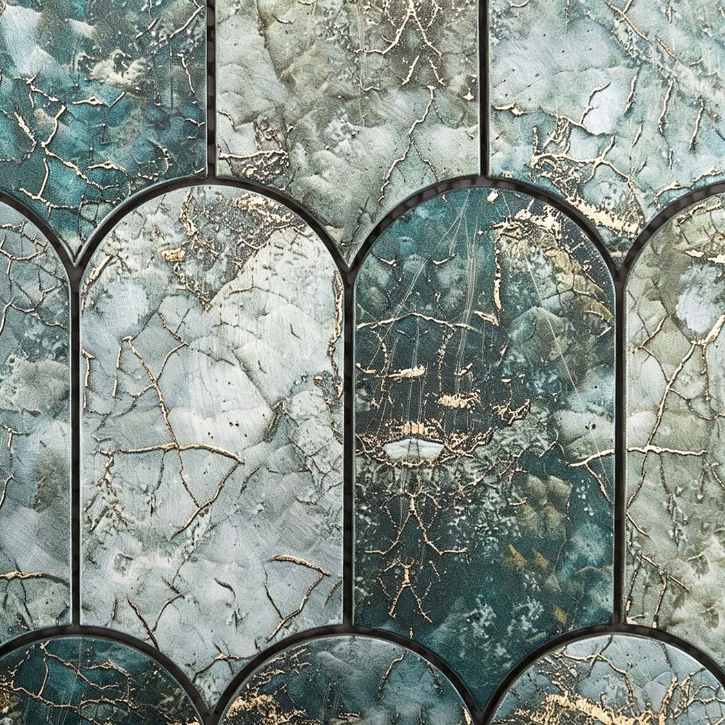 Gold crackle vein detail on deep olive green fish scale tile surface