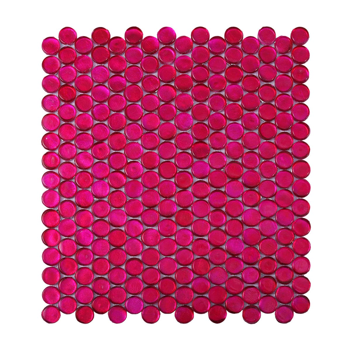 Full view of deep pink round glass mosaic tile sheet