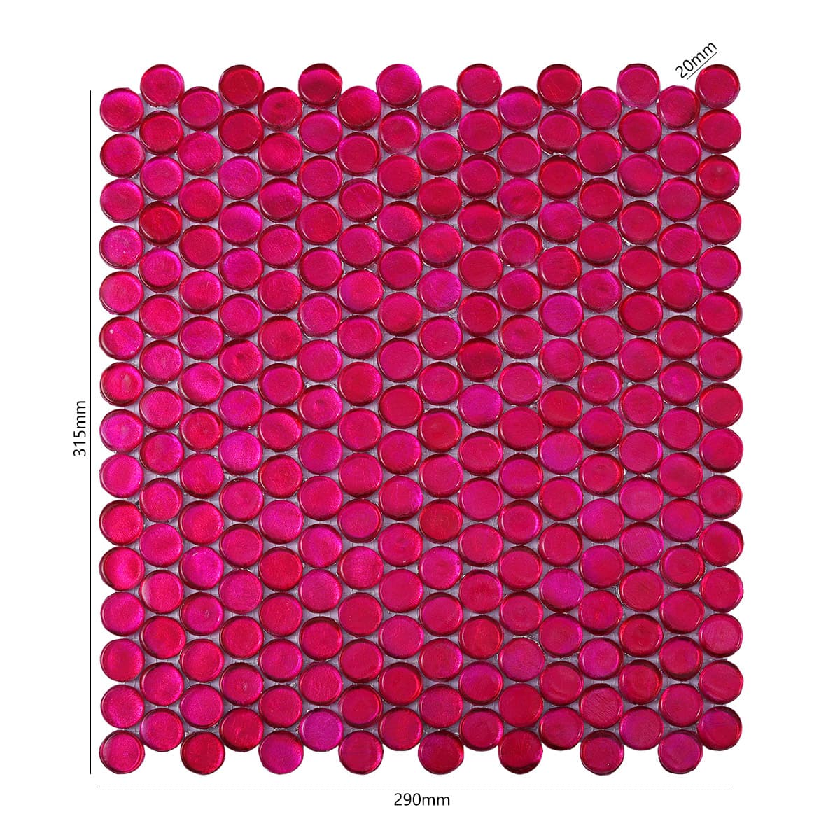 Full sheet of deep pink round glass mosaic tiles with dimensions