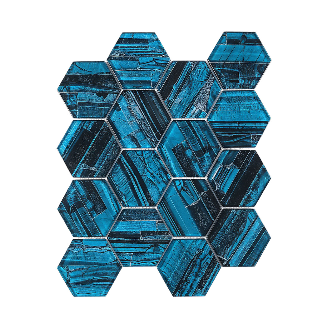 Deep teal hexagon glass mosaic sheet with black linear stone look patterns