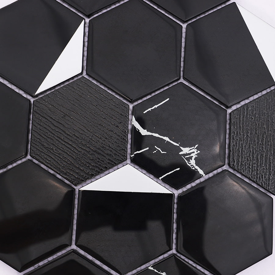 Detail view of black hexagon mosaic pattern with white marble streaks